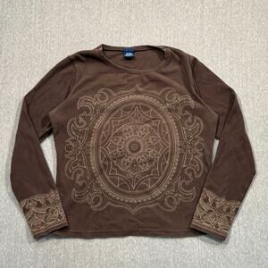 High Sierra Womens Brown Aztec Mandala Graphic Long Sleeve T-Shirt Size Small